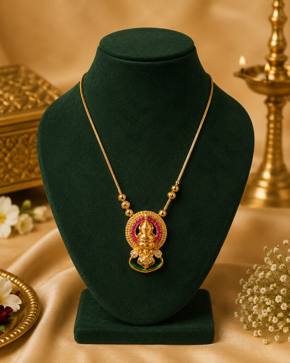 Antique Gold Nakshi 3D Kathakali Temple Pendant Necklace with Ruby Kemp Halo | OL126