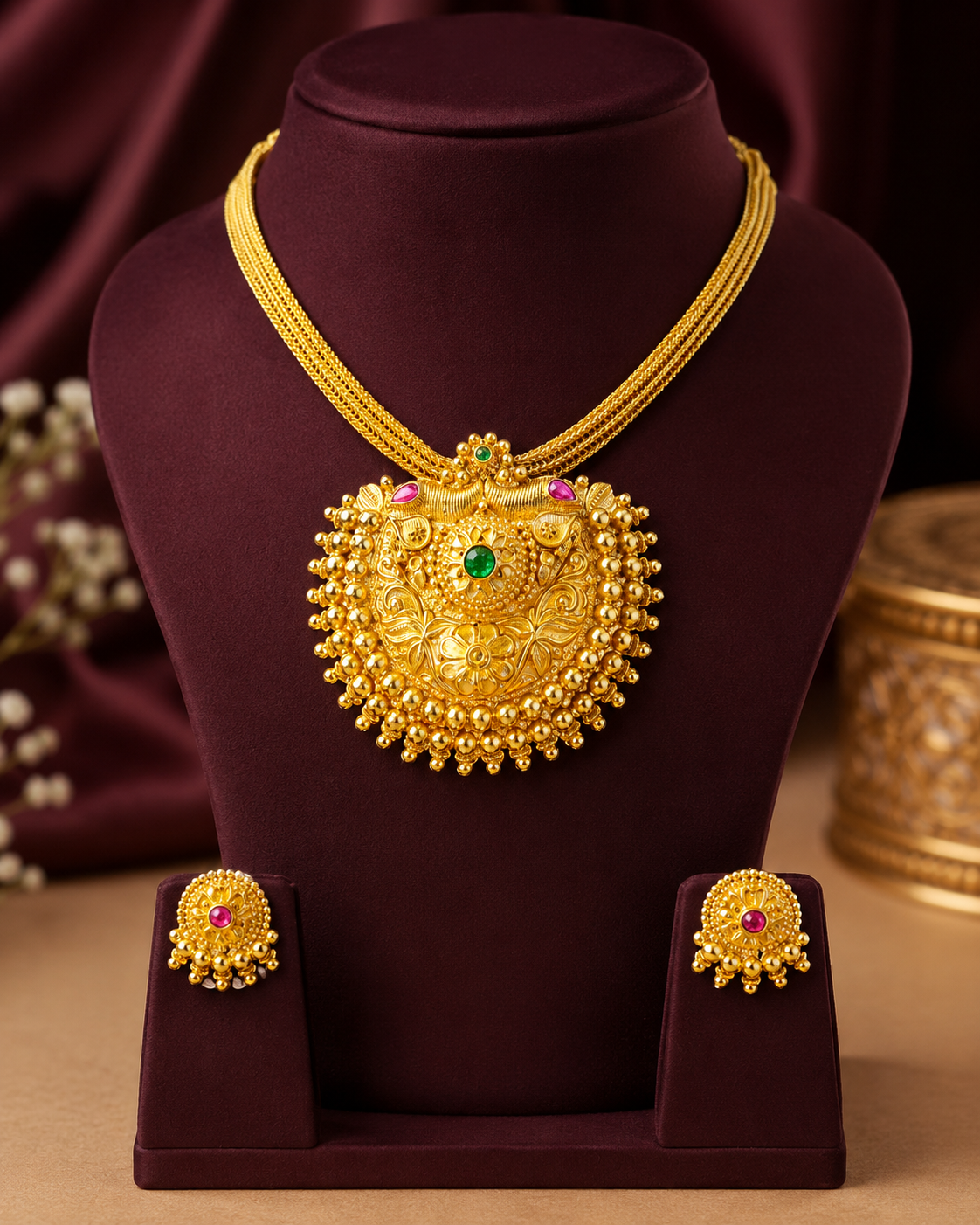 Traditional Temple Pendant Necklace Set with Earrings | ONK156