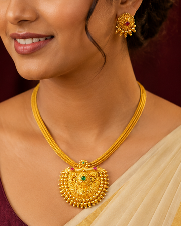 Traditional Temple Pendant Necklace Set with Earrings | ONK156