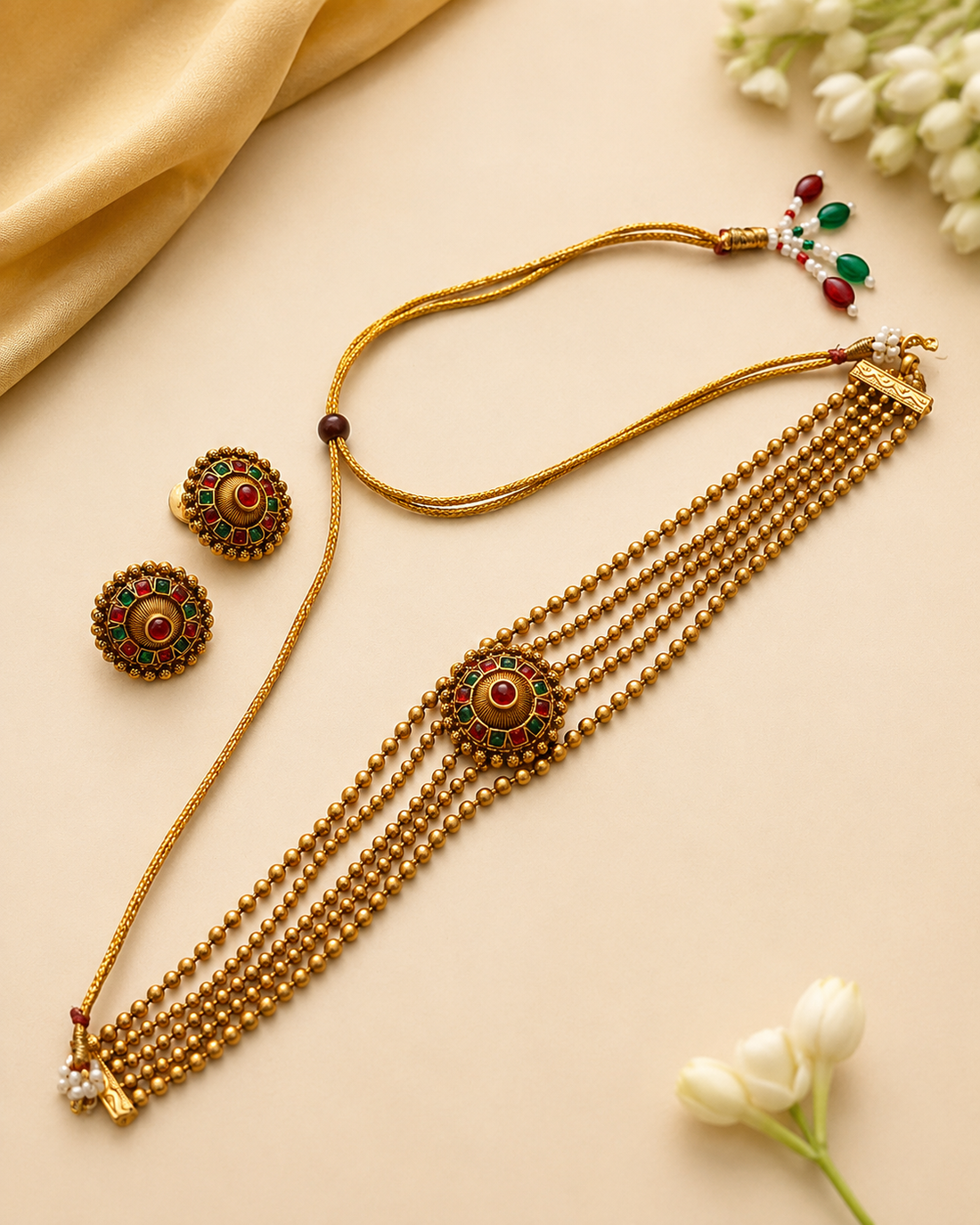Antique Gold Nakshi  Ruby Emerald Kemp Five-Strand Gold Ball Bead Choker  Set | OL131