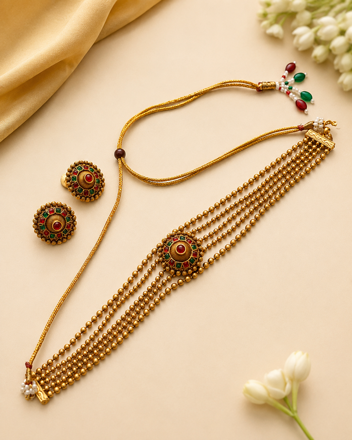 Antique Gold Nakshi  Ruby Emerald Kemp Five-Strand Gold Ball Bead Choker  Set | OL131