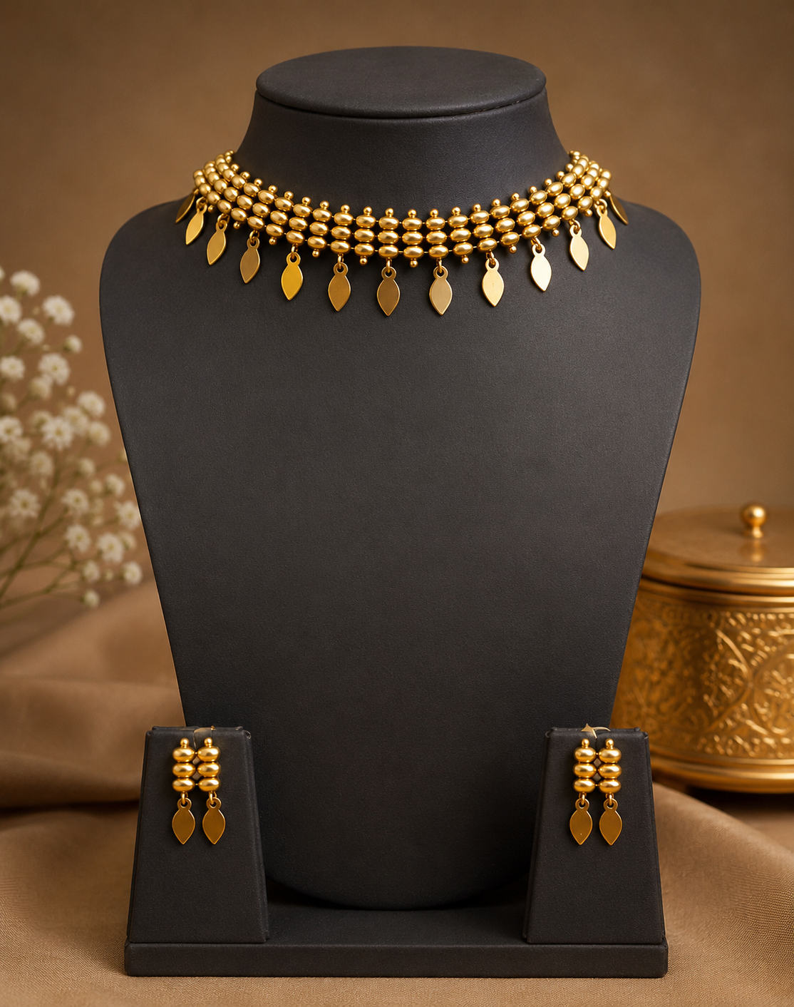 Traditional Gold Beaded Choker Necklace Set with Matching Earrings | ONK118