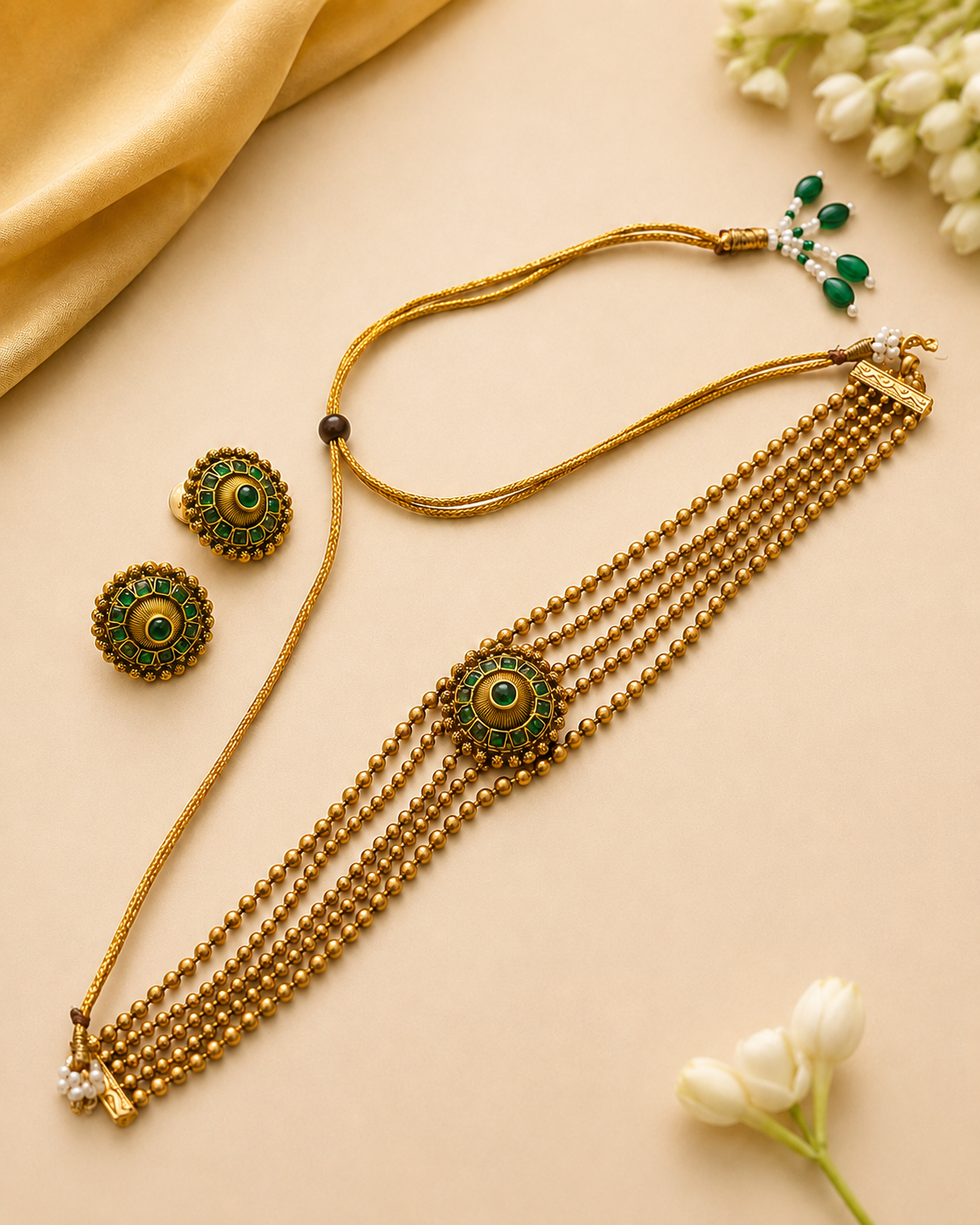 Antique Gold Nakshi  Ruby Emerald Kemp Five-Strand Gold Ball Bead Choker  Set | OL131