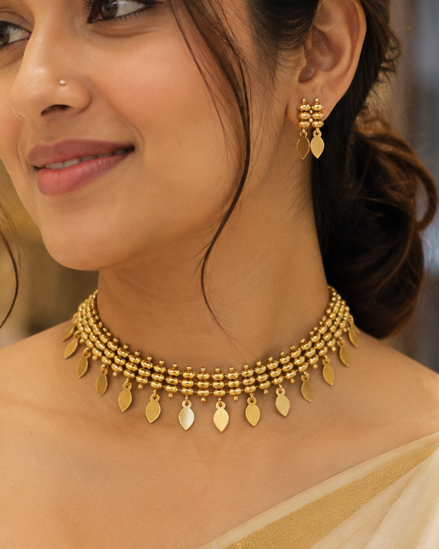 Traditional Gold Beaded Choker Necklace Set with Matching Earrings | ONK118