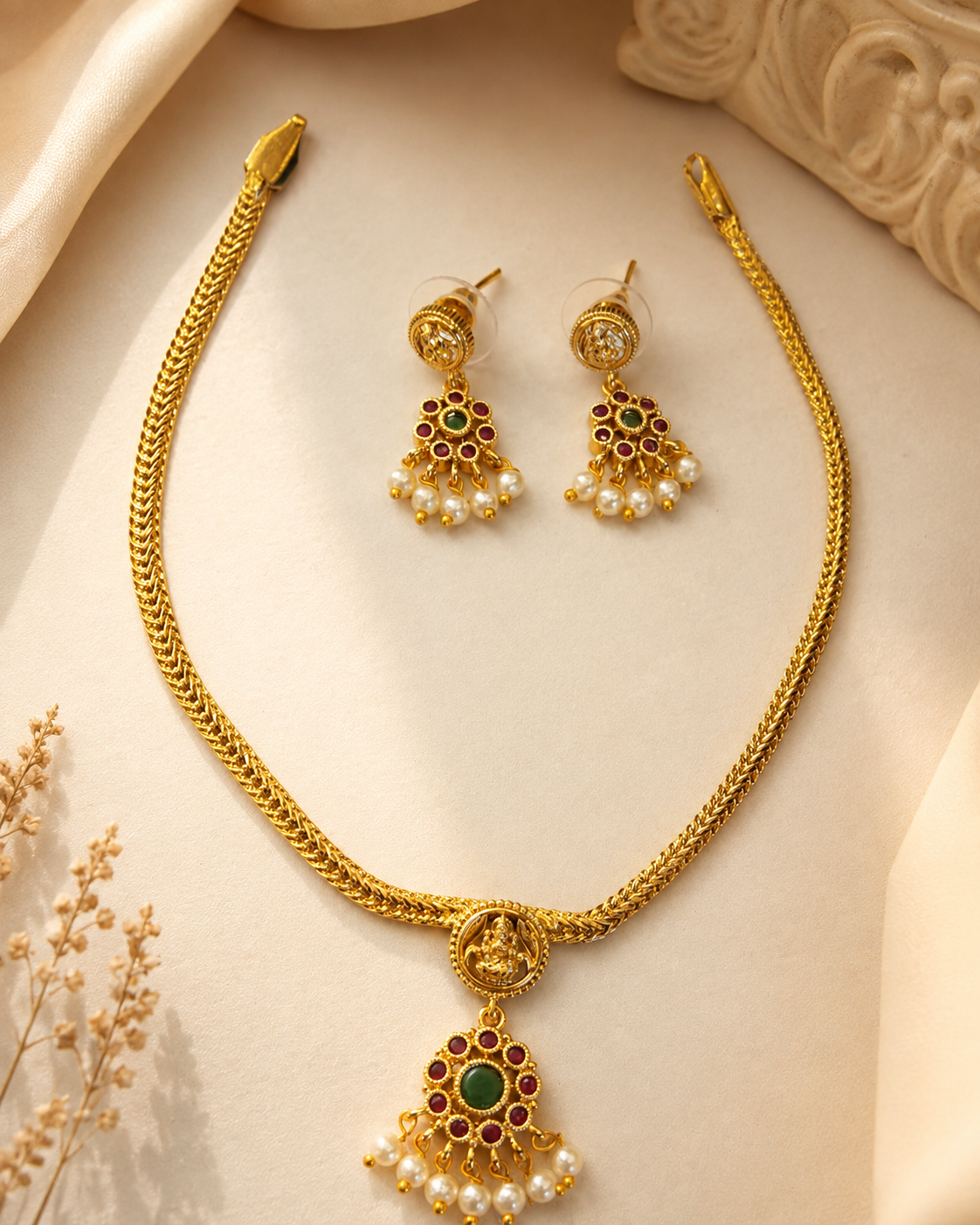 Traditional Gold Finish Lakshmi Choker Necklace Set with Pearl Drops | ONK121