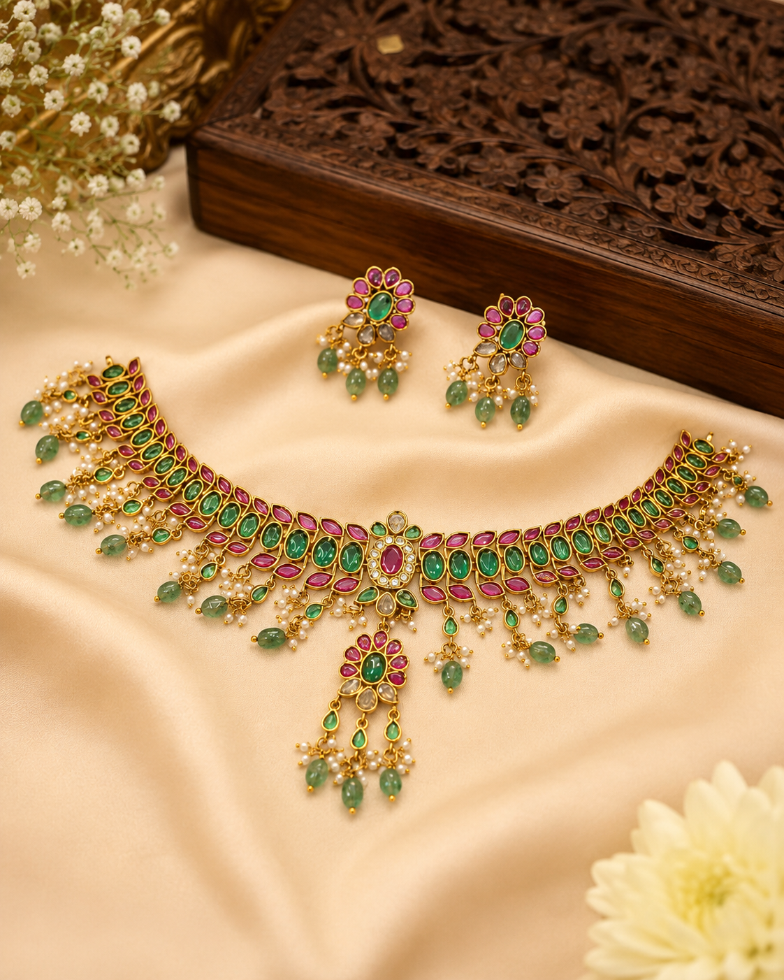 Traditional Green & Pink Stone Bridal Choker Necklace Set with Matching Earrings | ONK155
