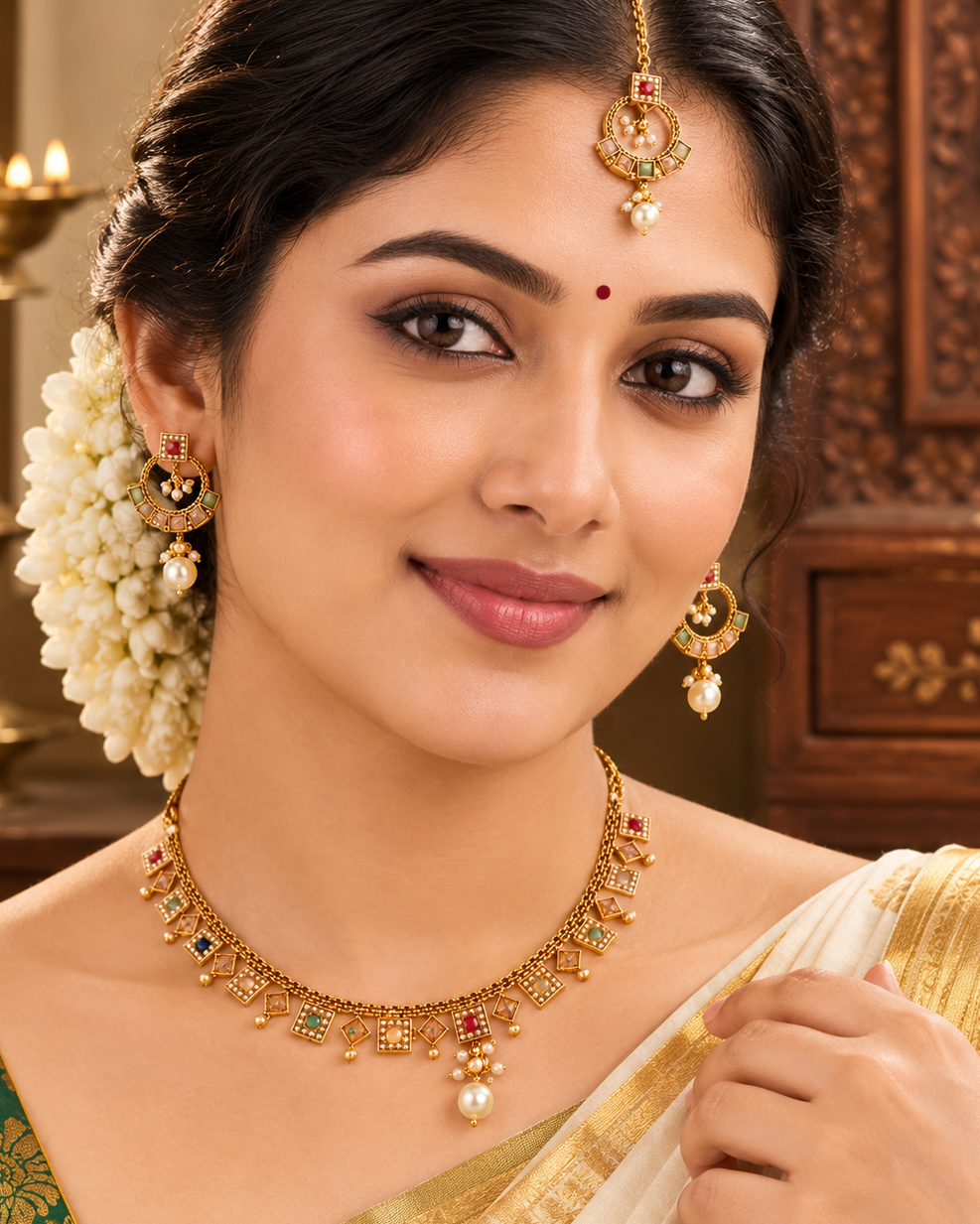 Gold  Multi-Colour Fringe Necklace Set with Chand Bali Earrings & Maang Tikka | OL258