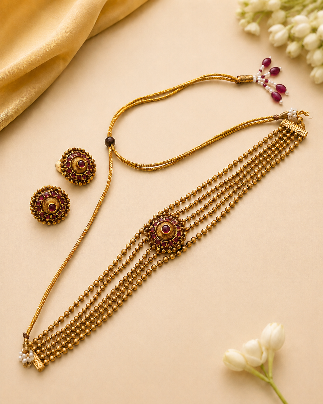 Antique Gold Nakshi  Ruby Emerald Kemp Five-Strand Gold Ball Bead Choker  Set | OL131