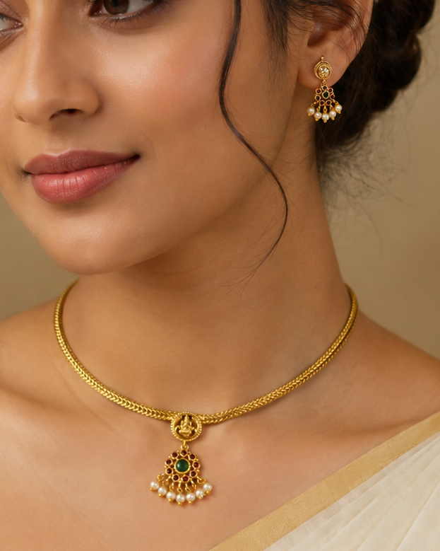 Traditional Gold Finish Lakshmi Choker Necklace Set with Pearl Drops | ONK121