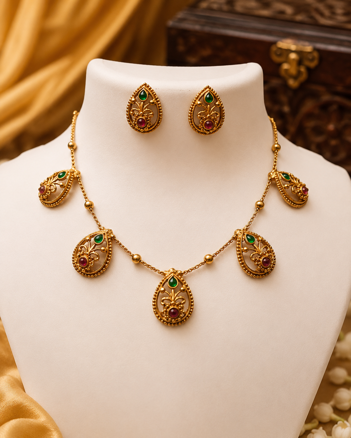 Antique Gold Nakshi Floral Scroll Open Teardrop Charm Fringe Necklace Set | OL193