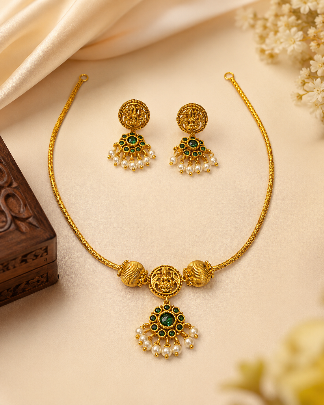 Traditional Temple Choker Necklace Set with Green Stones & Pearl Drops | ONK120