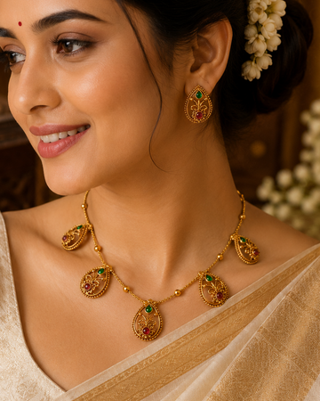 Antique Gold Nakshi Floral Scroll Open Teardrop Charm Fringe Necklace Set | OL193