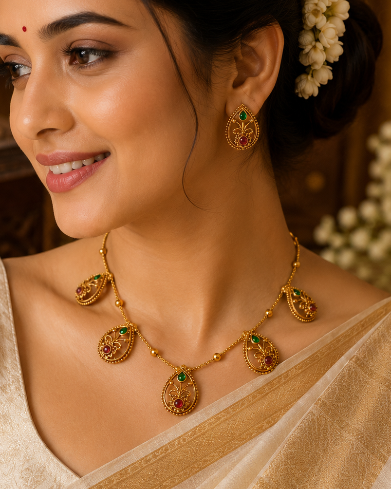 Antique Gold Nakshi Floral Scroll Open Teardrop Charm Fringe Necklace Set | OL193