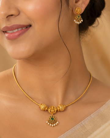 Traditional Temple Choker Necklace Set with Green Stones & Pearl Drops | ONK120