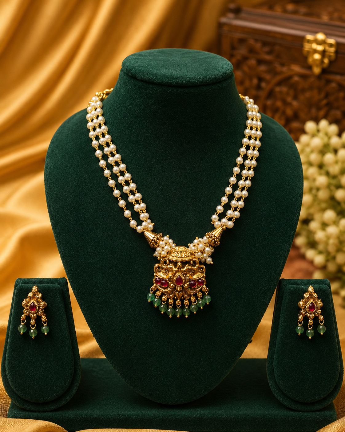 Antique Gold Nakshi Peacock Ruby Kemp Pendant Double Pearl Strand Necklace Set | OL132