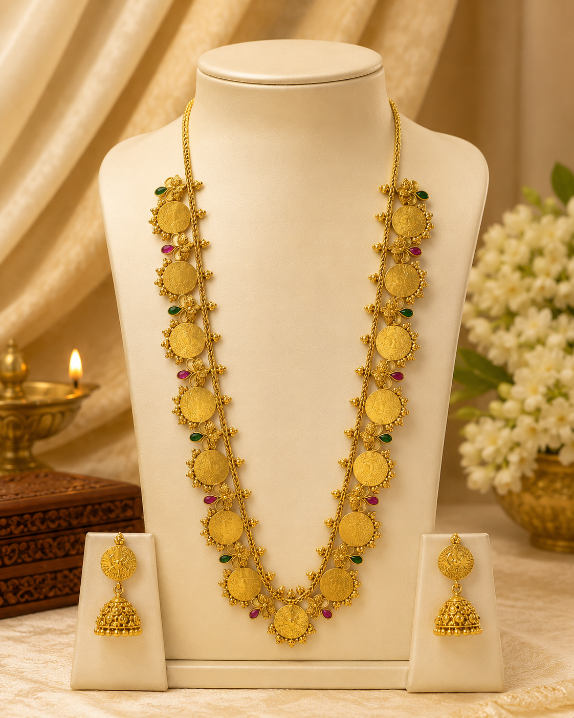 Traditional Temple Long Haram Necklace Set with Jhumka Earrings | ONK159