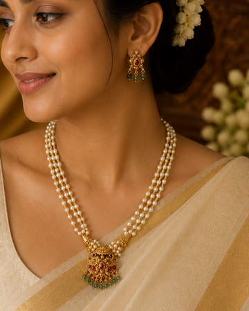 Antique Gold Nakshi Peacock Ruby Kemp Pendant Double Pearl Strand Necklace Set | OL132