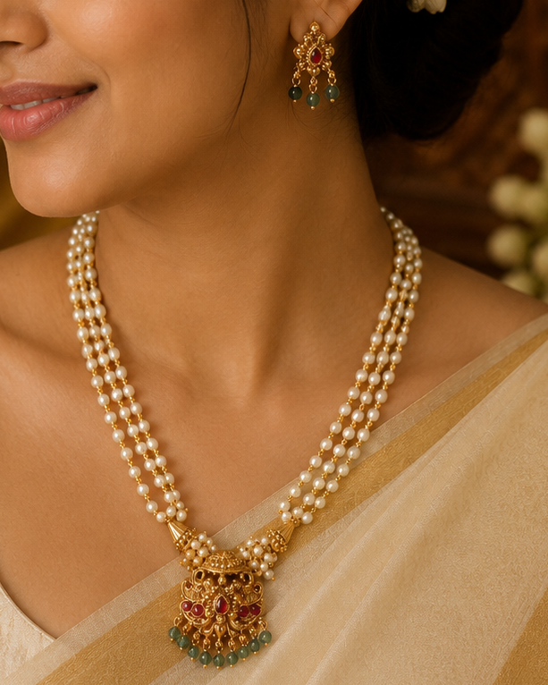 Antique Gold Nakshi Peacock Ruby Kemp Pendant Double Pearl Strand Necklace Set | OL132