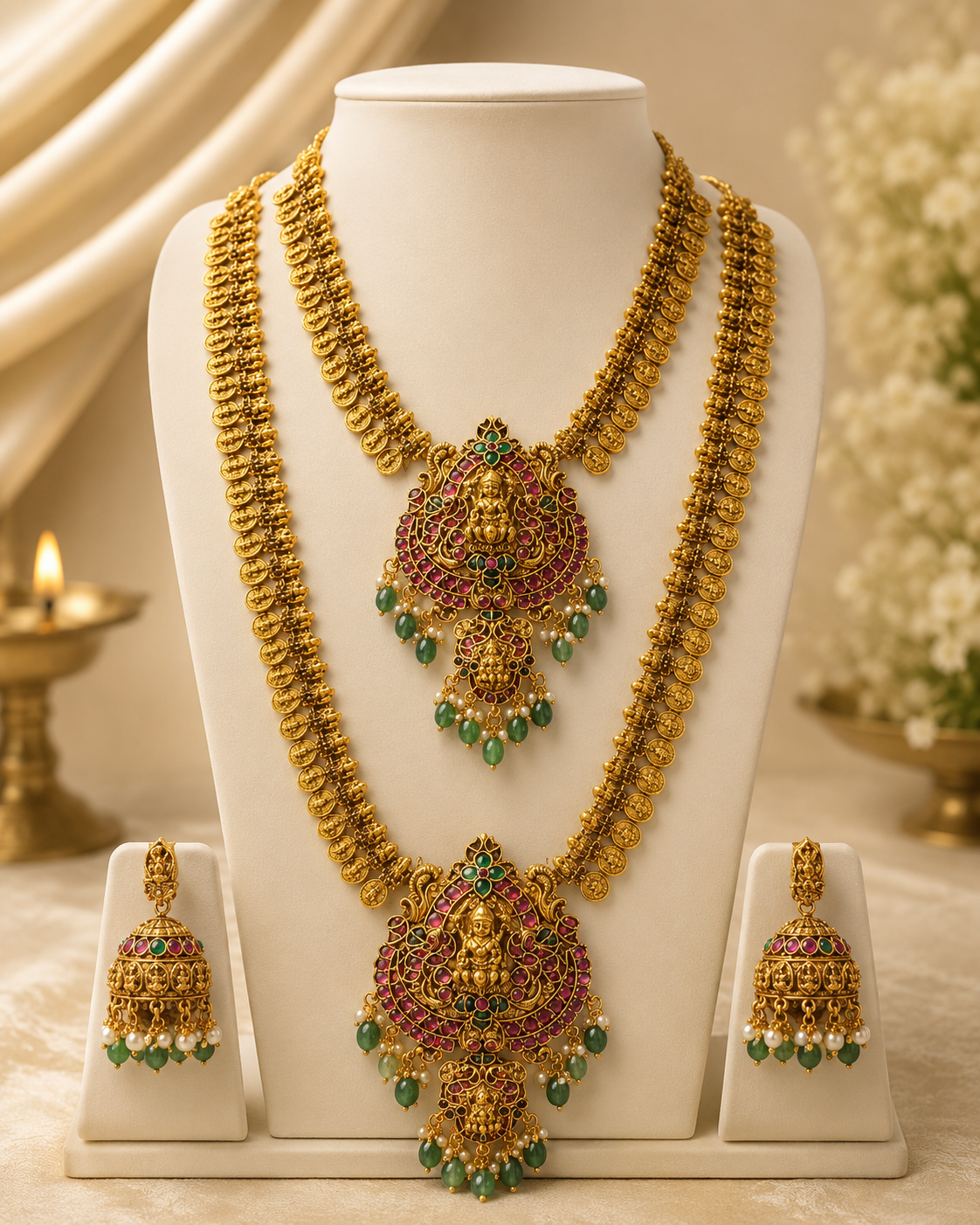 Premium Temple Long Haram Necklace Set with Lakshmi Pendant | ONK158