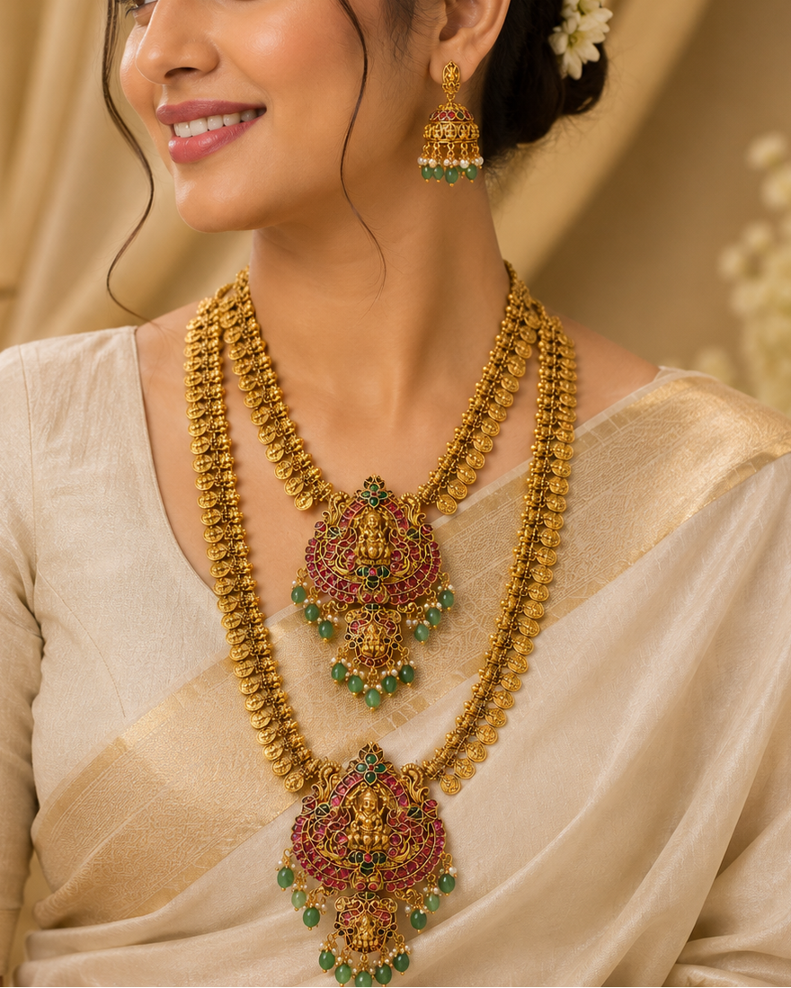 Premium Temple Long Haram Necklace Set with Lakshmi Pendant | ONK158