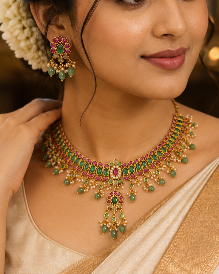 Traditional Green & Pink Stone Bridal Choker Necklace Set with Matching Earrings | ONK155