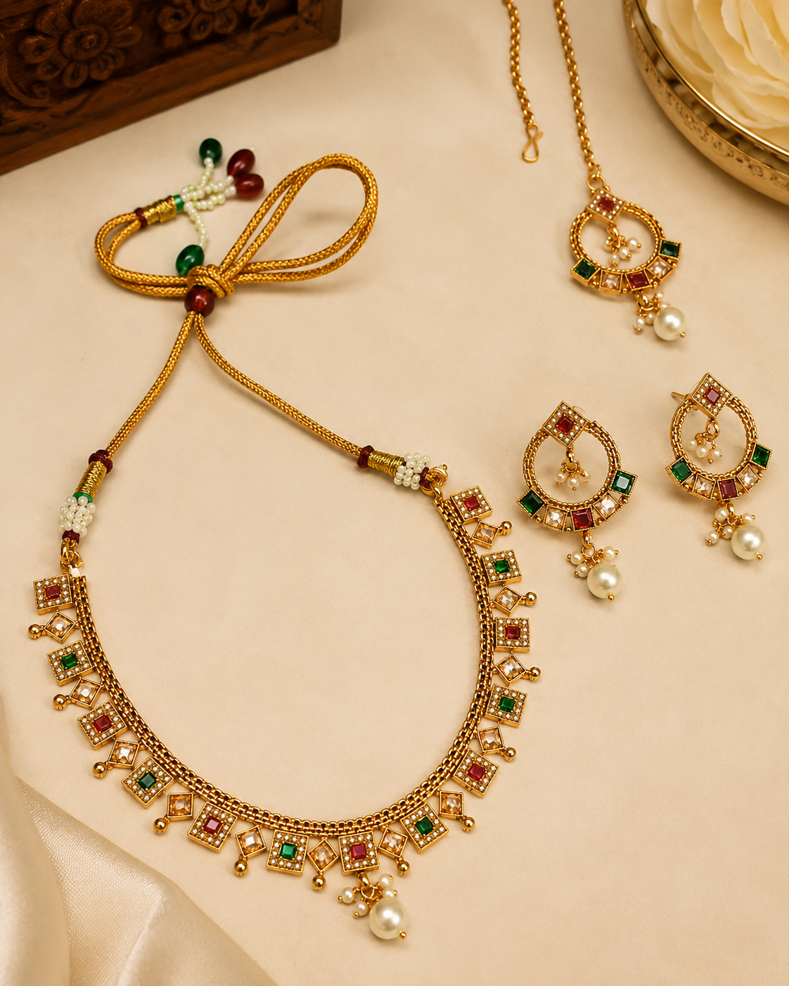 Gold  Multi-Colour Fringe Necklace Set with Chand Bali Earrings & Maang Tikka | OL258