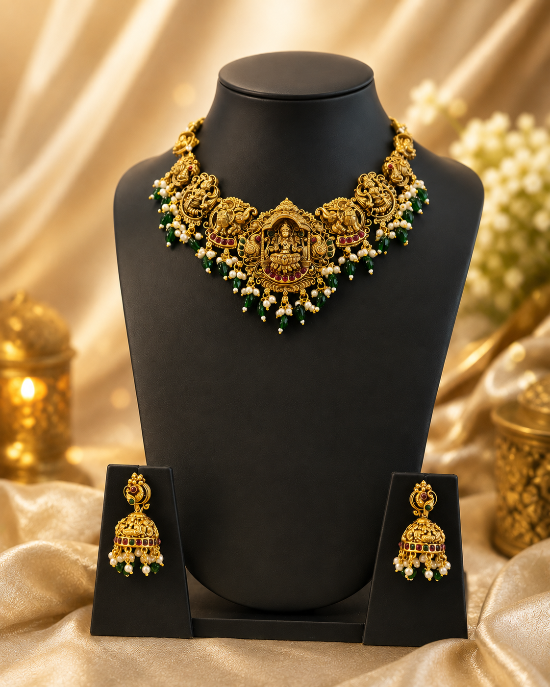 Antique Gold Temple Necklace Set with Jhumka Earrings | ONK154