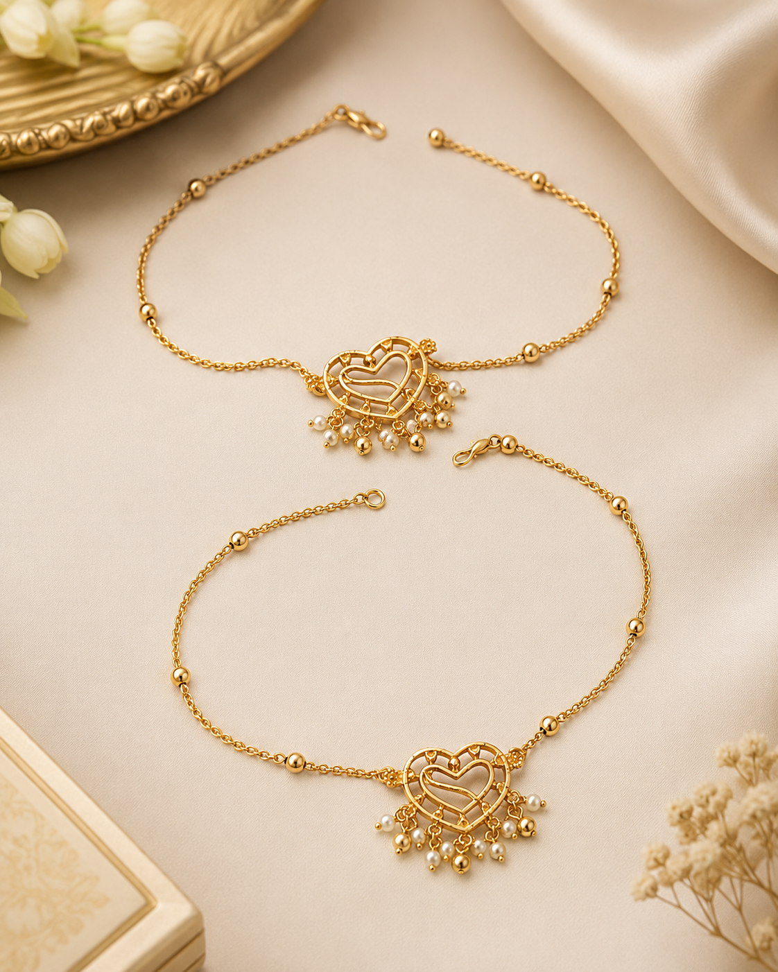 Gold Open Filigree Heart Charm Anklet Pair with Pearl Cluster Drops | OL225