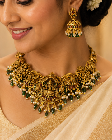 Antique Gold Temple Necklace Set with Jhumka Earrings | ONK154