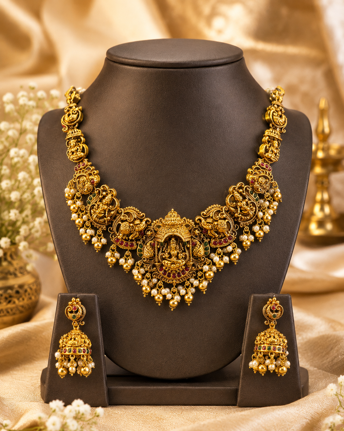 Antique Gold Temple Necklace Set with Jhumka Earrings | ONK154