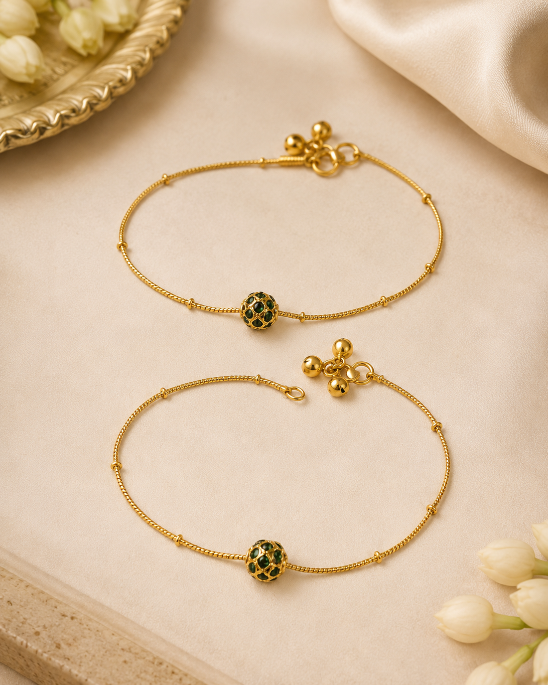 Gold Emerald Kemp Lattice Ball Bead Satellite Chain Anklet Pair with Ghungroo Bells | OL179