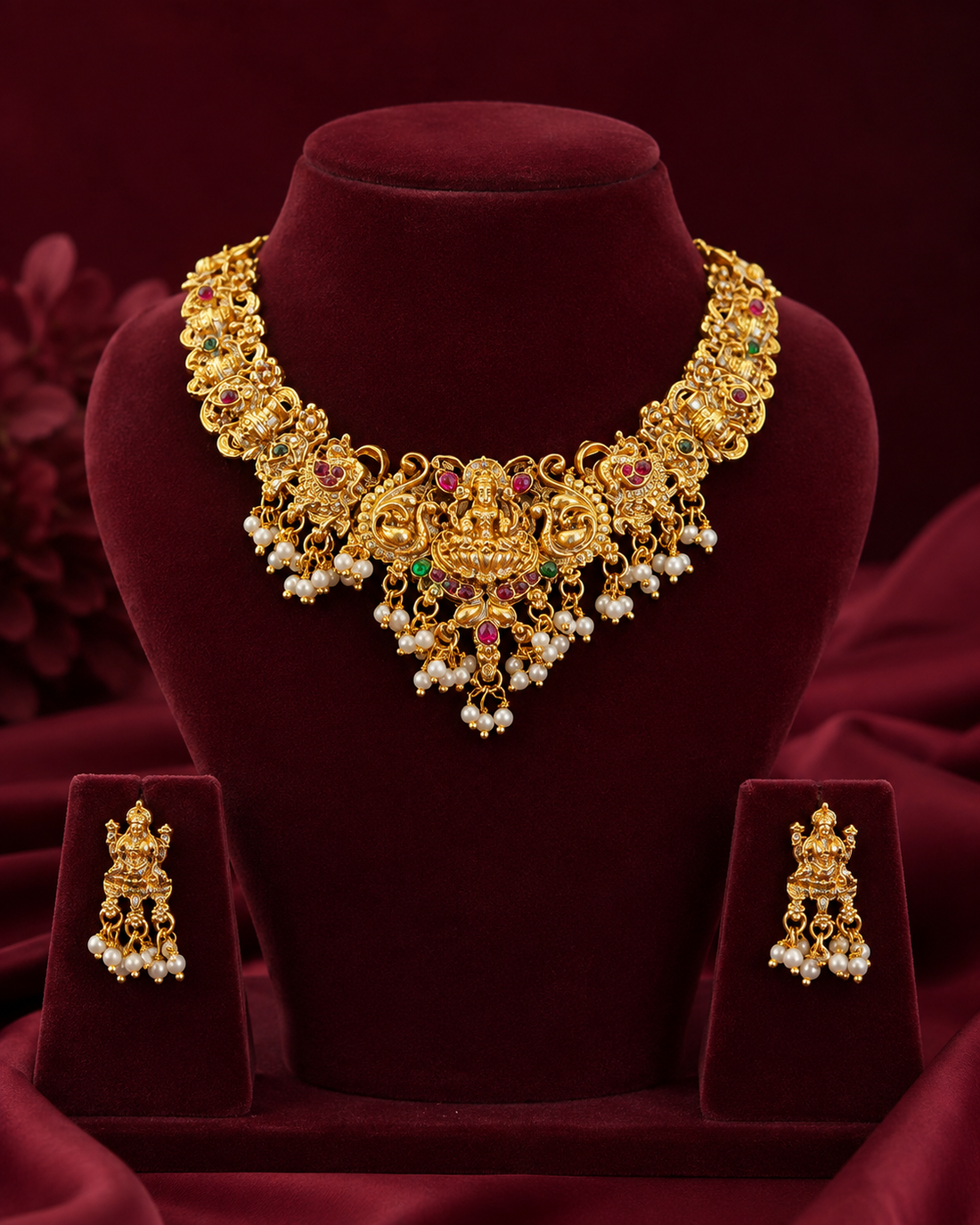 Traditional Temple Necklace Set with Green and Ruby Stones | ONK153