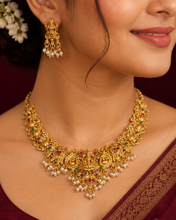 Traditional Temple Necklace Set with Green and Ruby Stones | ONK153