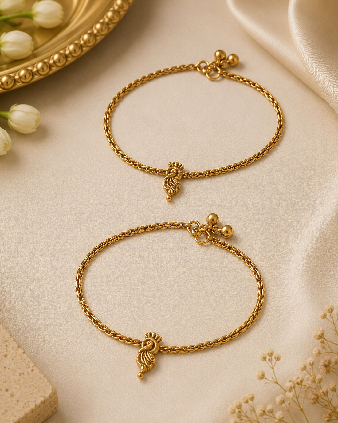 Antique Gold Nakshi Peacock Charm Wheat Chain Anklet Pair with Ghungroo Bells | OL179
