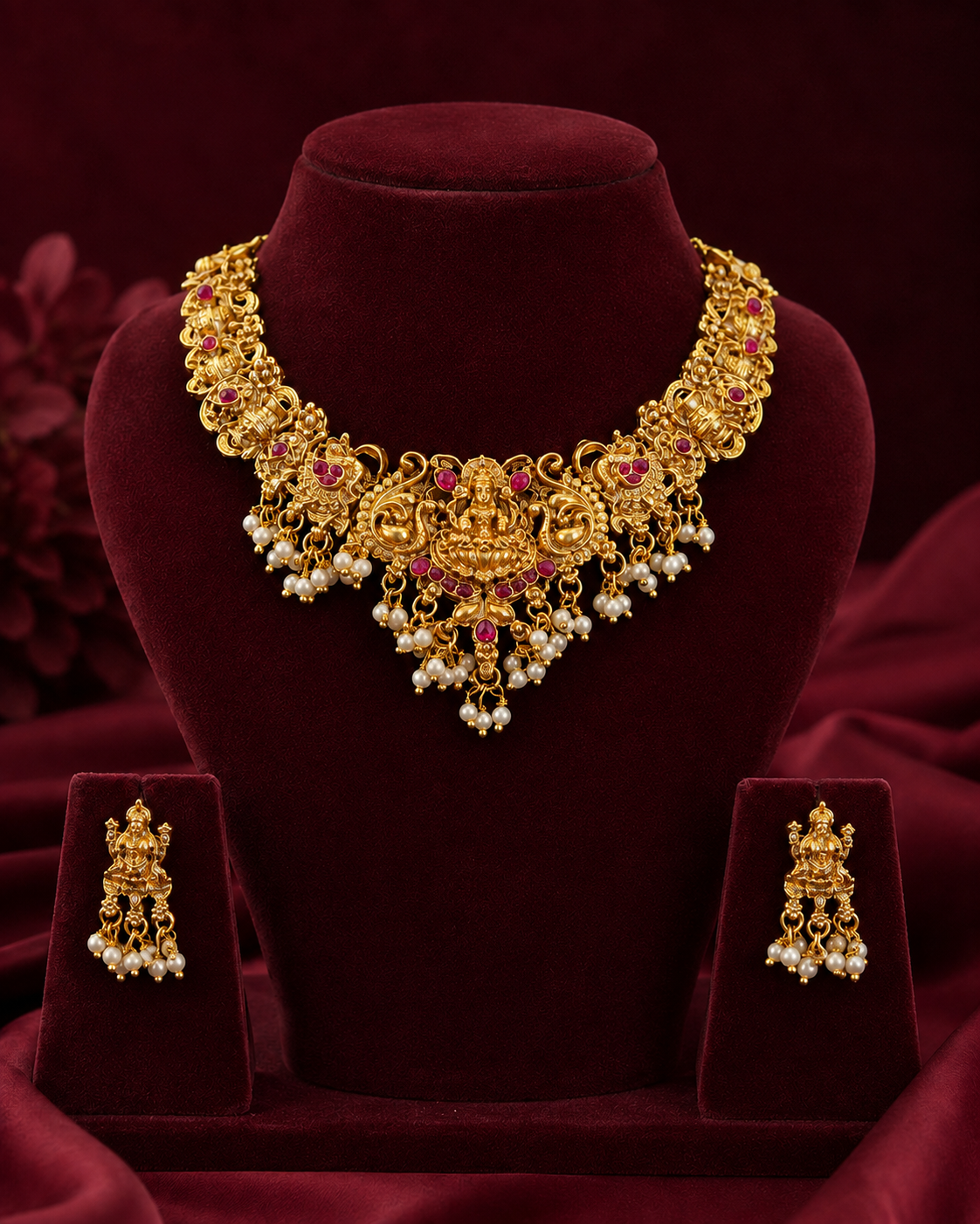 Traditional Temple Necklace Set with Green and Ruby Stones | ONK153