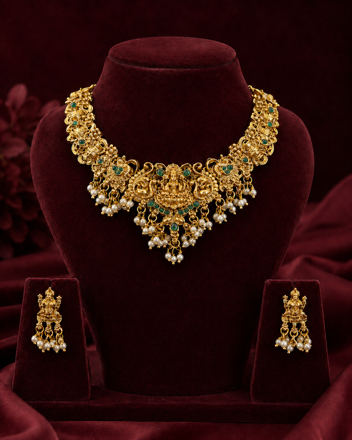 Traditional Temple Necklace Set with Green and Ruby Stones | ONK153