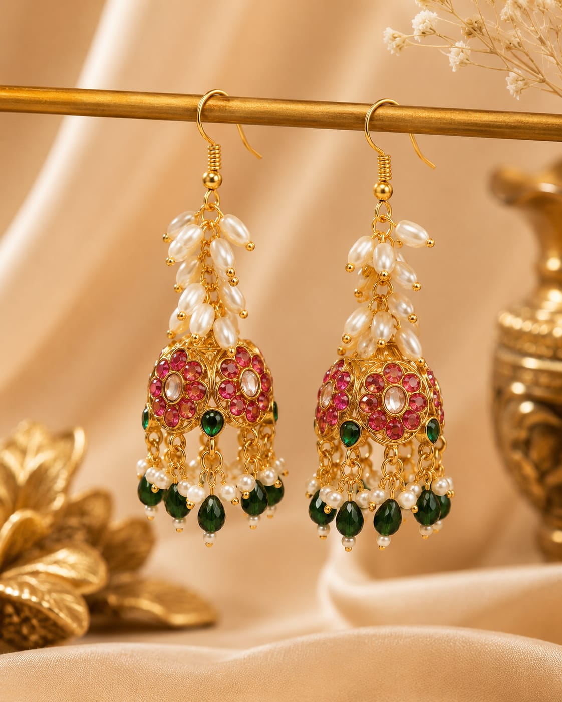 Gold Kundan Jhumka Hook Earrings with Ruby & Emerald Drops | OL221