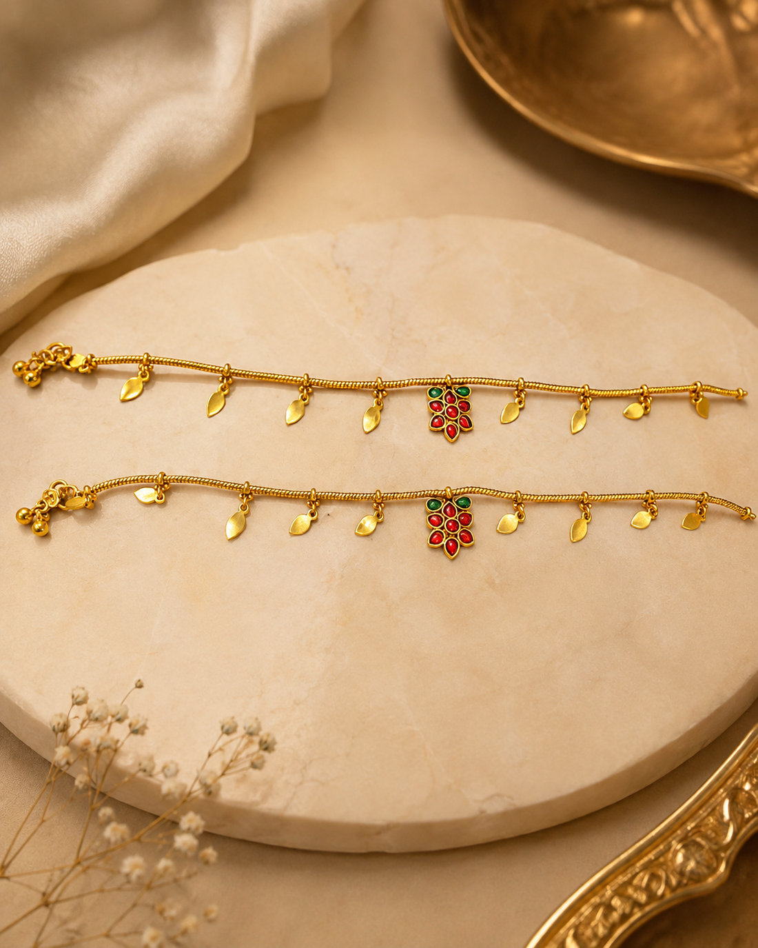 Antique Gold Leaf Charms & Ruby Kemp Emerald Floral Centre | OG50