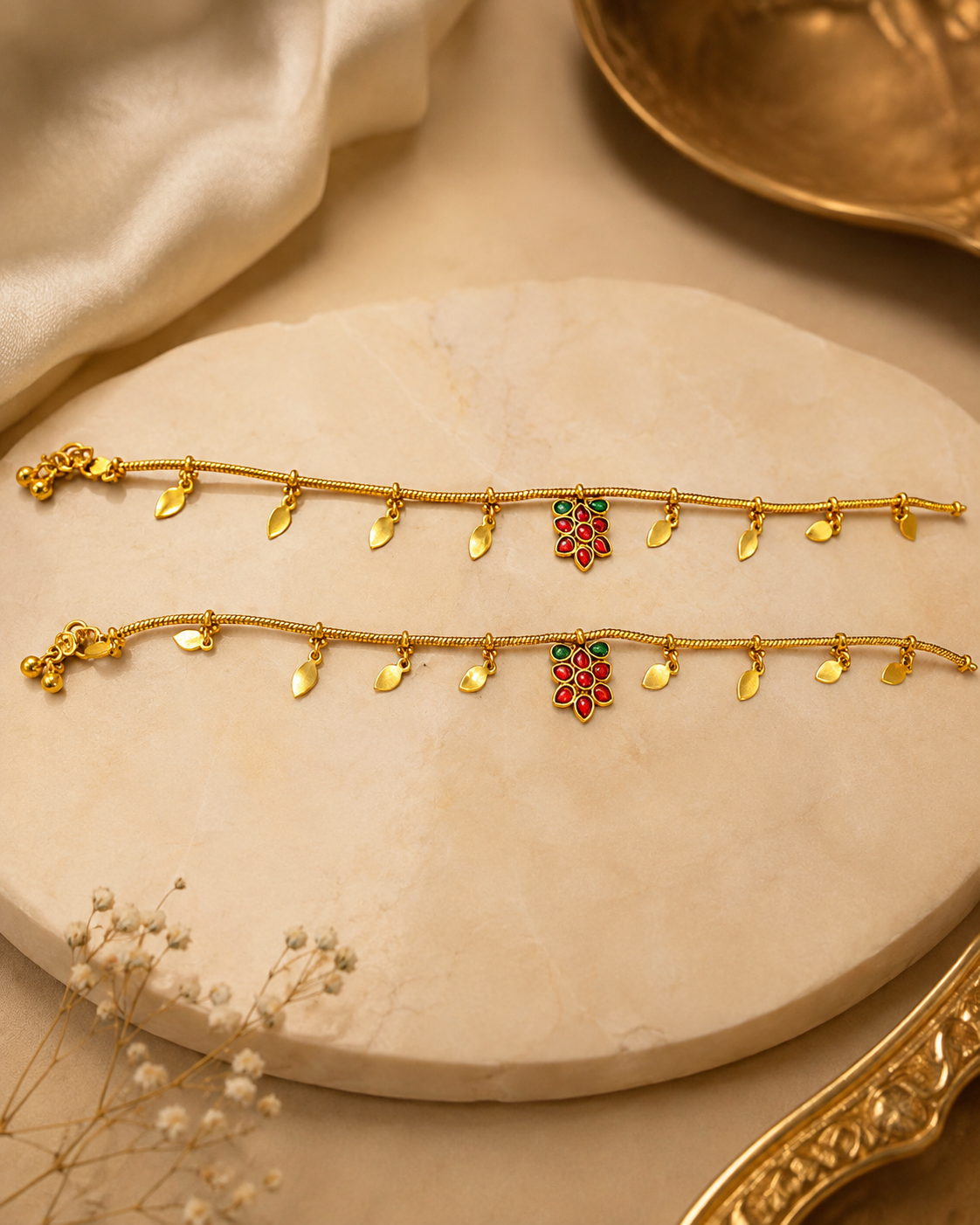 Antique Gold Leaf Charms & Ruby Kemp Emerald Floral Centre | OG50