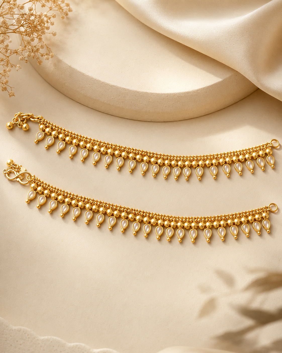Gold Ball Chain Anklets with White Polki Teardrop Fringe & Ghungroo Bell Clasp | OG47