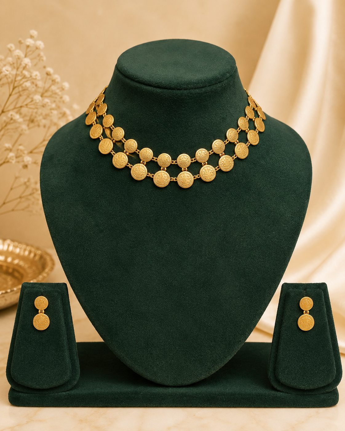 Antique Gold Choker Necklace Set with Double Coin Drop Earrings | ONK234
