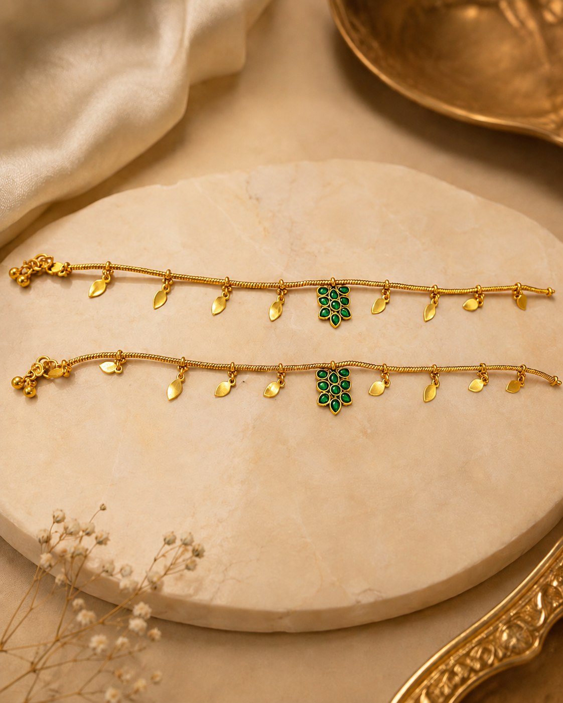 Antique Gold Leaf Charms & Ruby Kemp Emerald Floral Centre | OG50