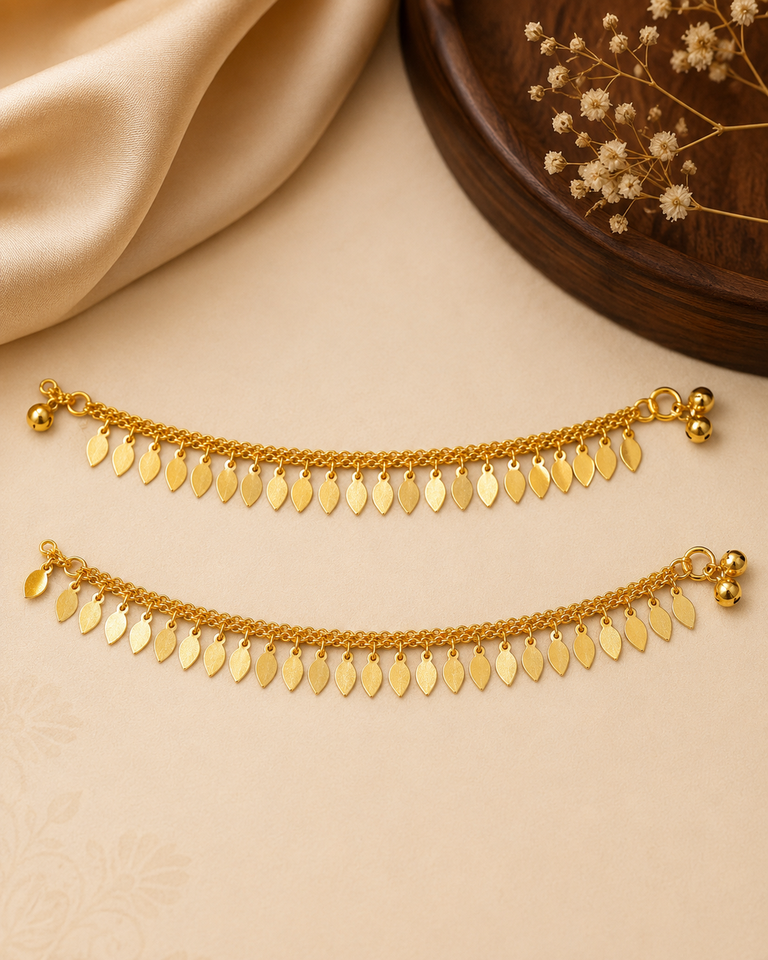 Gold Double-Chain Anklets with Gold Leaf Charm Fringe & Ghungroo Bell Clasp | OG48