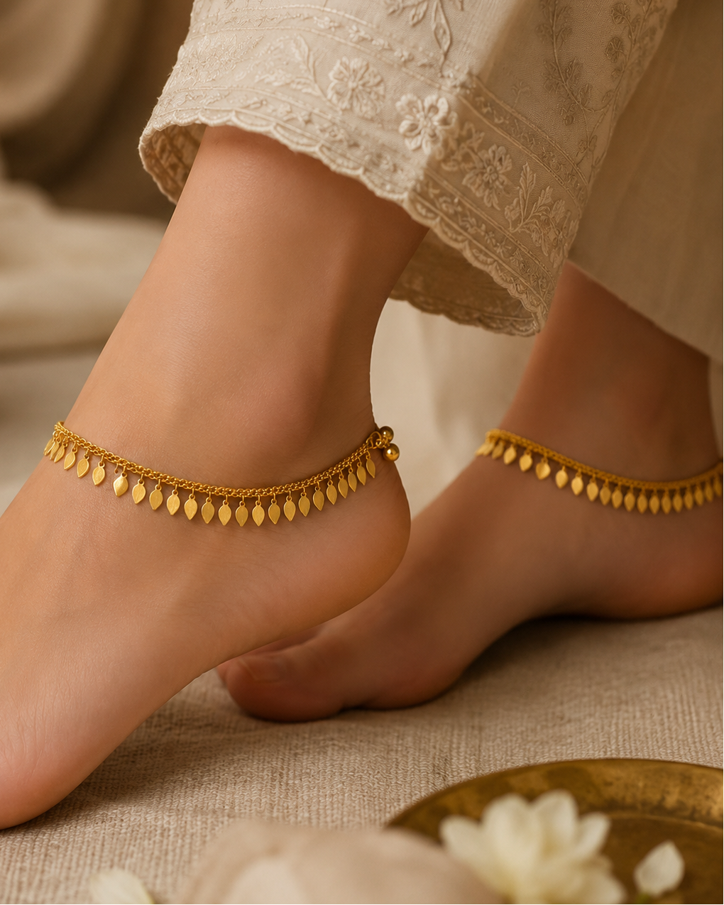 Gold Double-Chain Anklets with Gold Leaf Charm Fringe & Ghungroo Bell Clasp | OG48