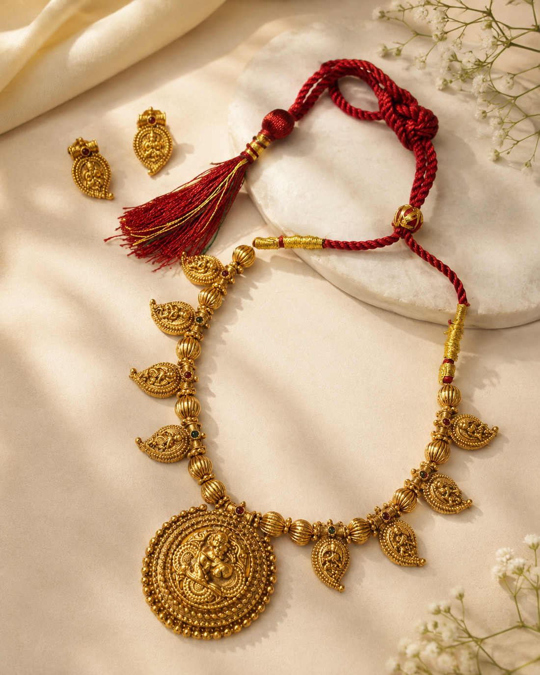 Antique Gold Round Pendant Necklace Set | ONK252
