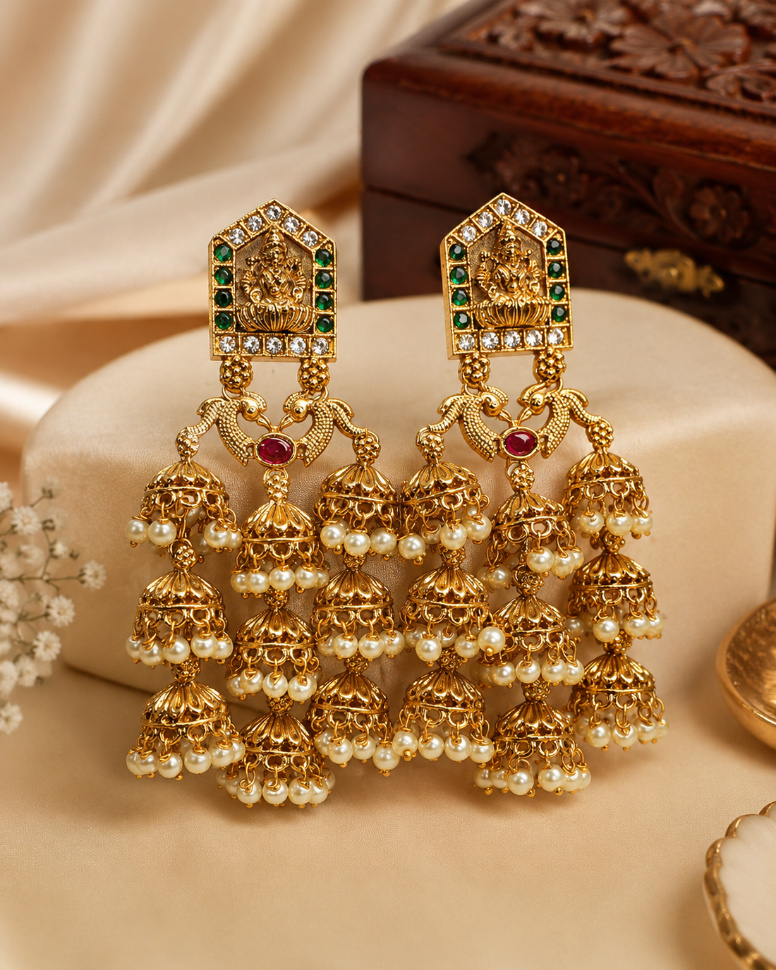 Antique Gold Nakshi Lakshmi Temple Arch Top Peacock Triple-Tier Jhumka Earrings with Pearl Fringe |  OL255