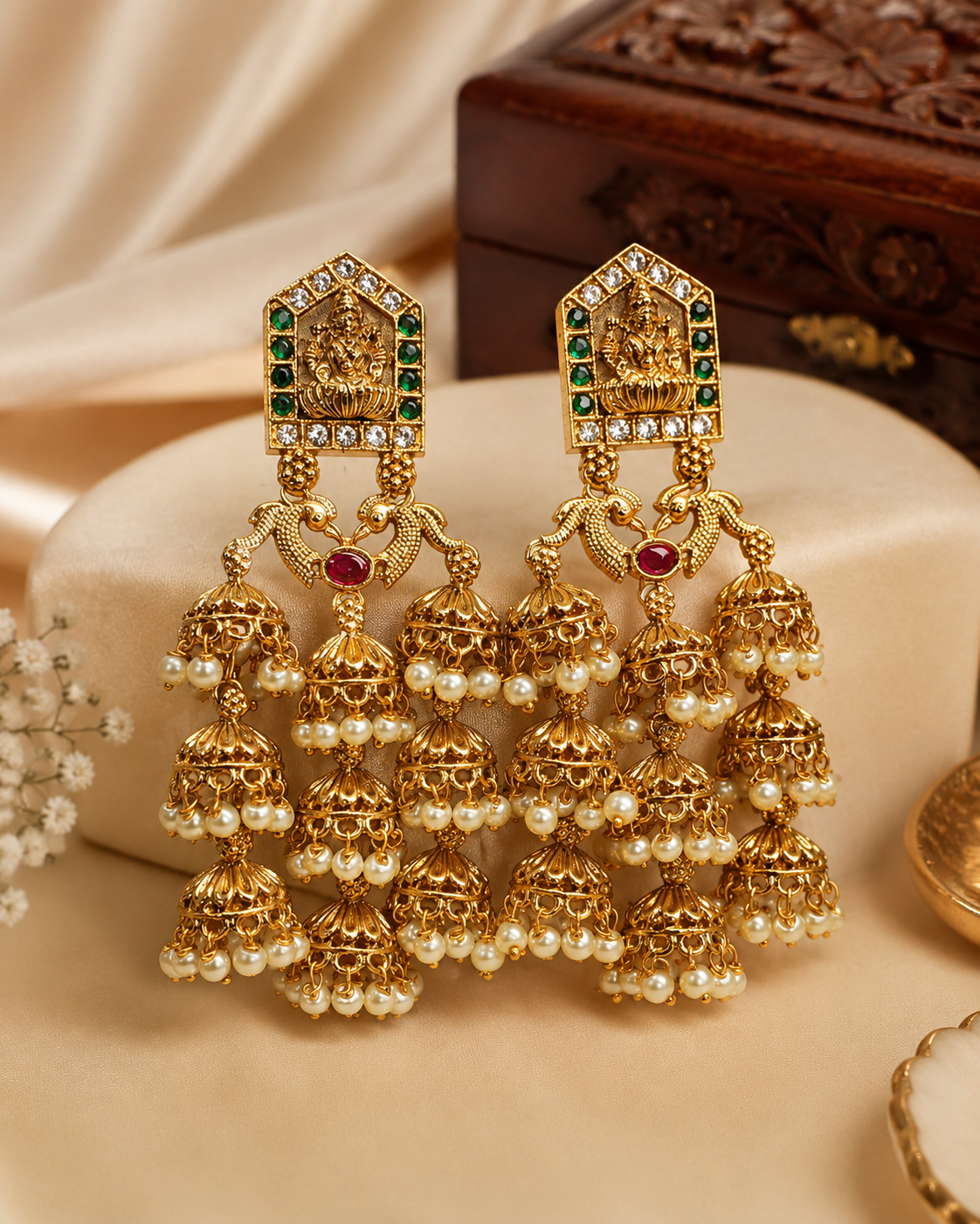 Antique Gold Nakshi Lakshmi Temple Arch Top Peacock Triple-Tier Jhumka Earrings with Pearl Fringe |  OL255