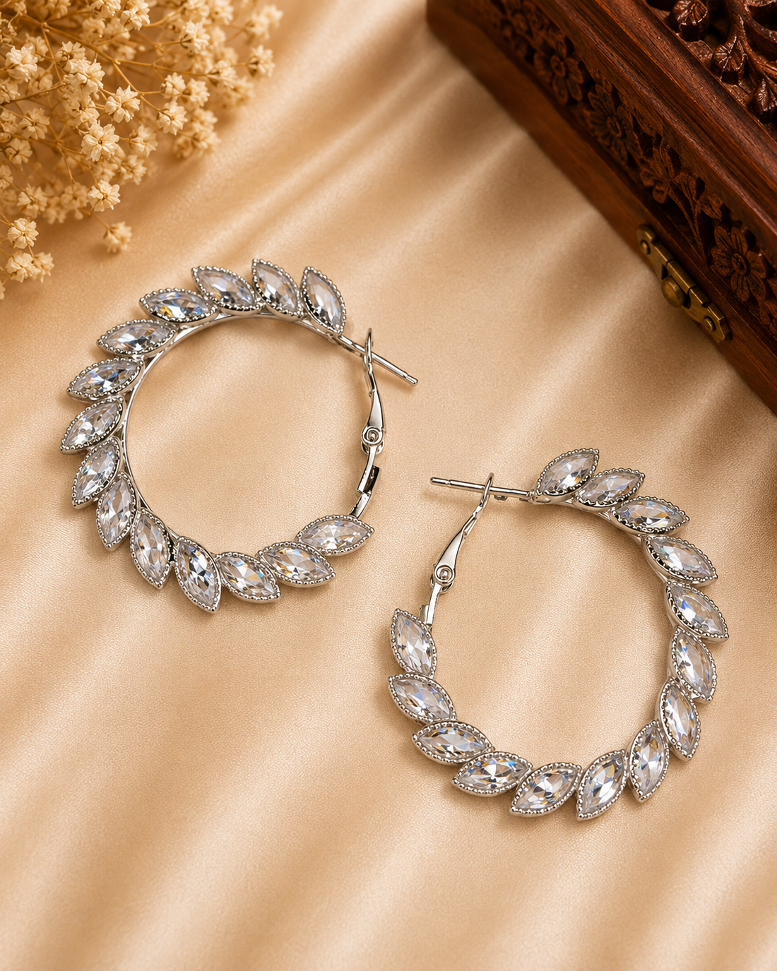 Gold CZ Marquise Leaf Wreath Large Hoop Earrings | OL254