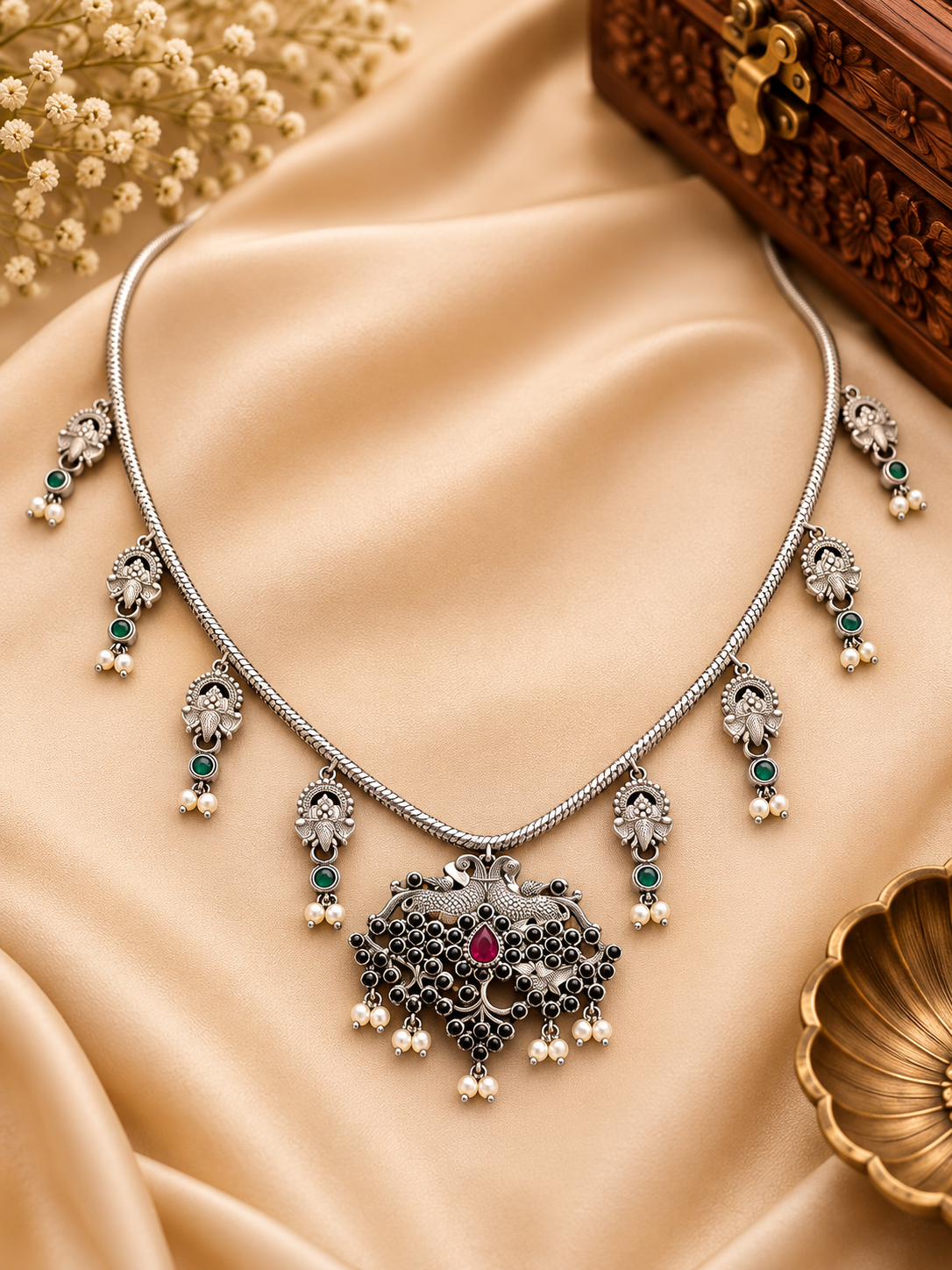 Oxidised Silver Nakshi Peacock Black Bead Pendant Snake Chain Necklace with Emerald Charm Drops | OL240