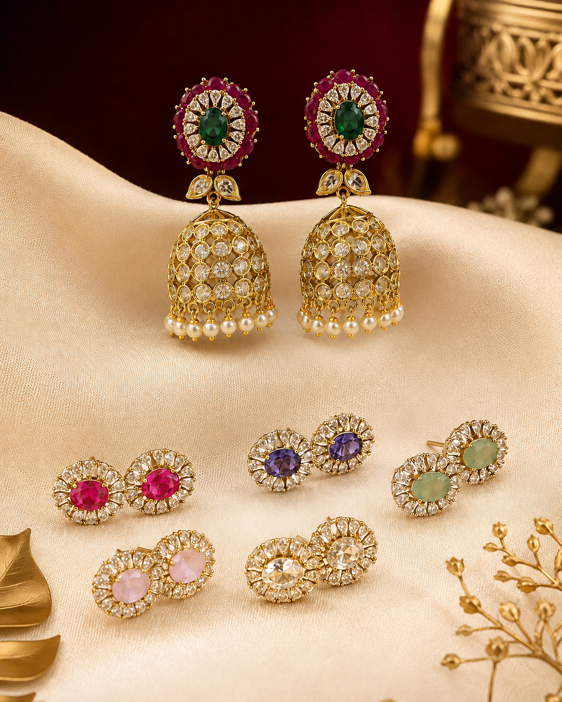 Elegant Multi Colour Adjustable Stud Stone Gold Jhumka Earrings for Women | ONK169